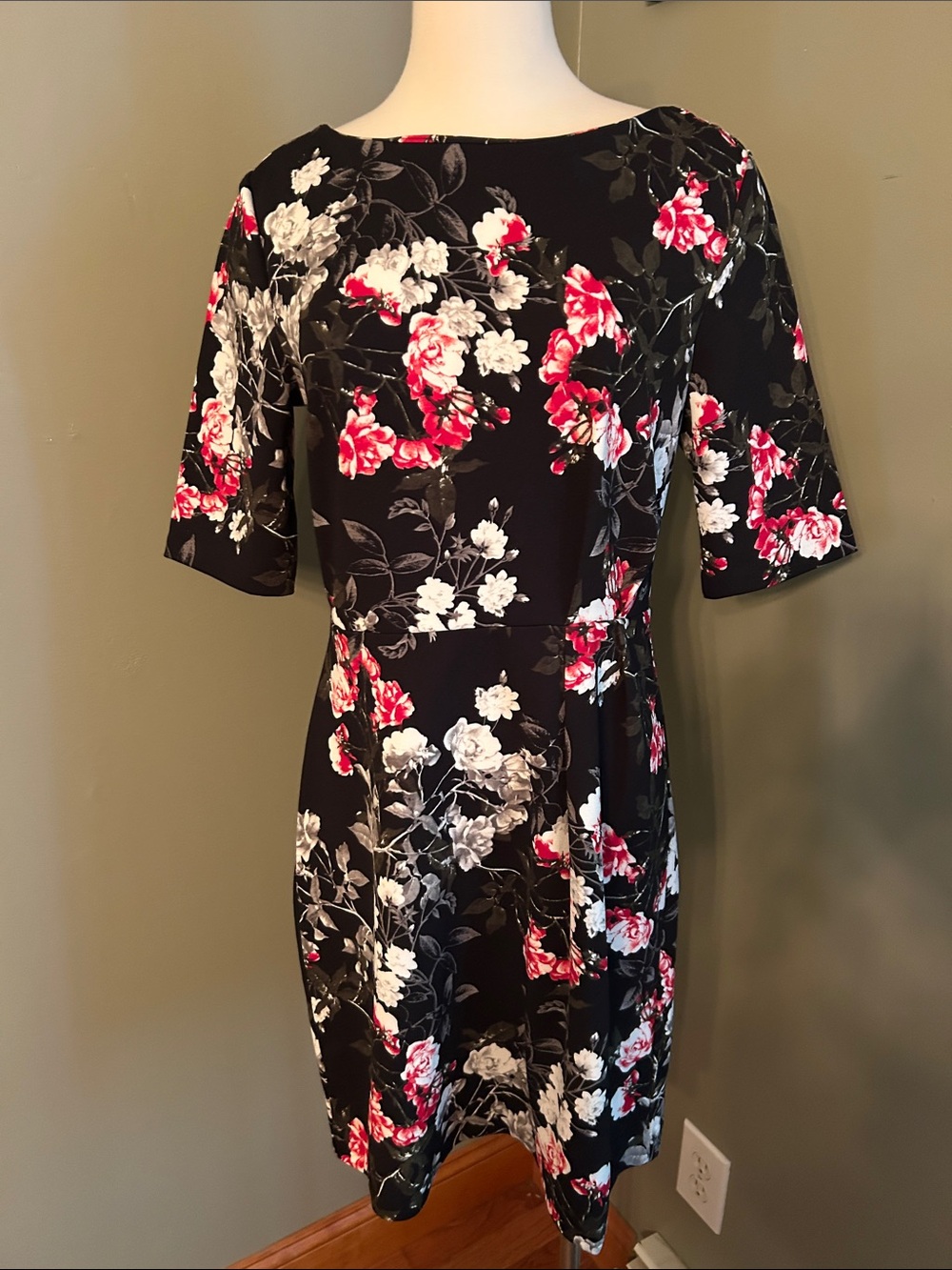 Banana Republic Black Midi Dress with Red & White & Grey Floral